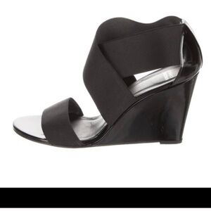 Stuart Weitzman Stretch Fabric Criss Cross Patent Leather Wedge Sandals